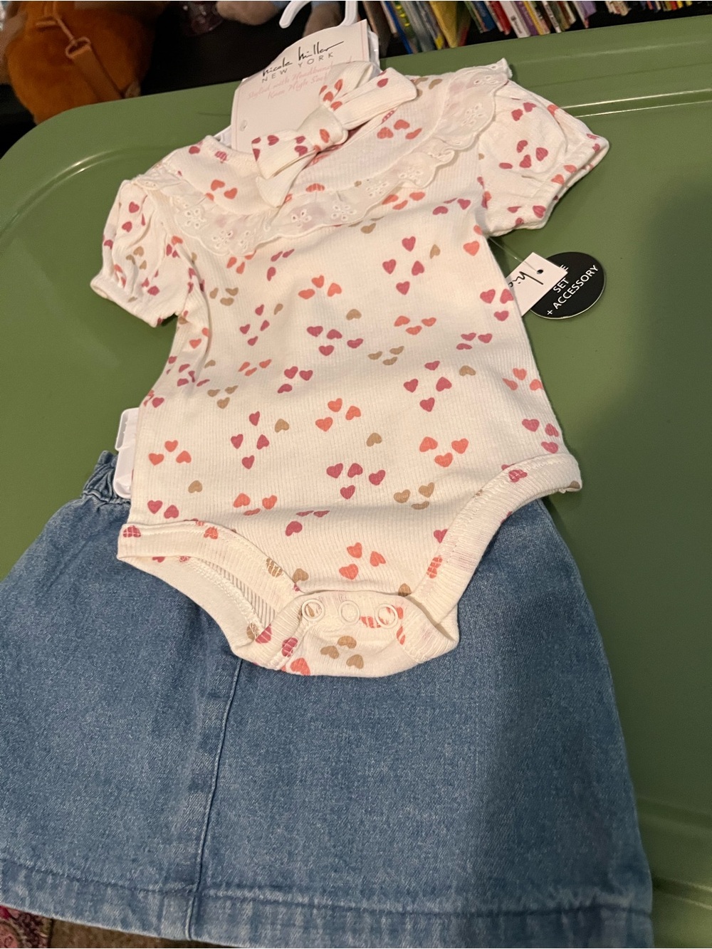 Nicole Miller White Ribbed Bodysuit & Denim Skirt Set with Pink & Tan Hearts